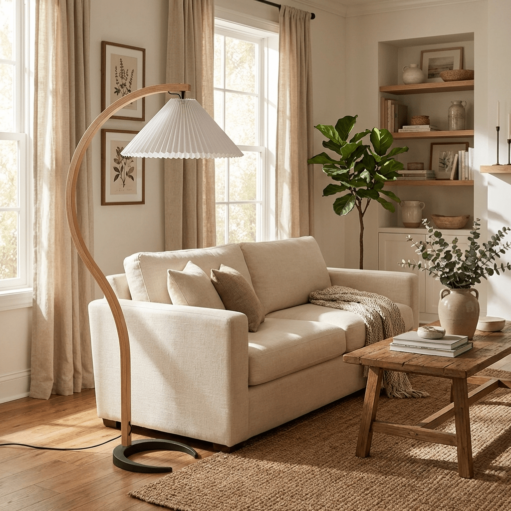Scandinavian Style Beech Wood Floor Lamp for Contemporary Living Room
