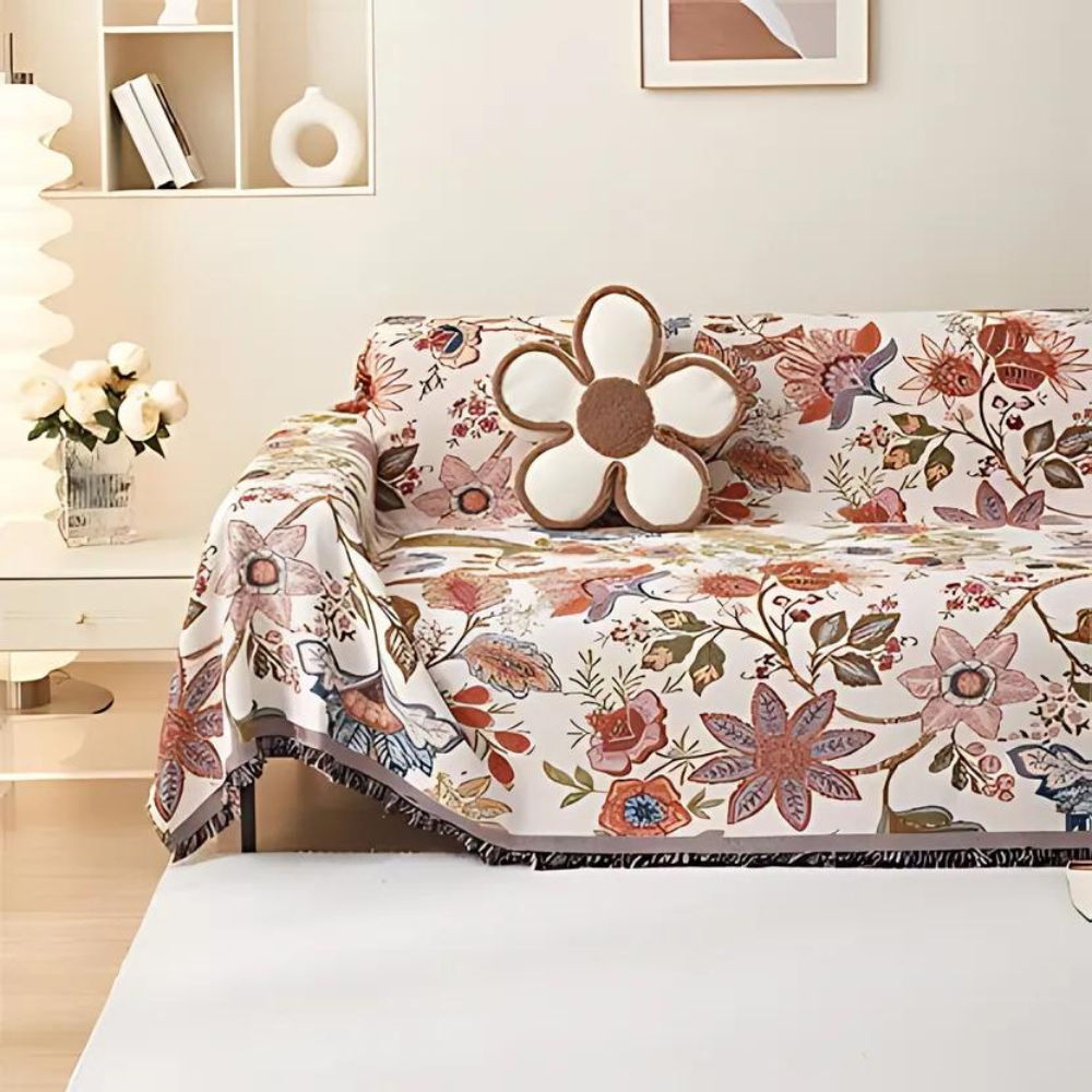 Floral Throw Blanket with Rustic Tassels – Soft Polyester and Cotton Blend