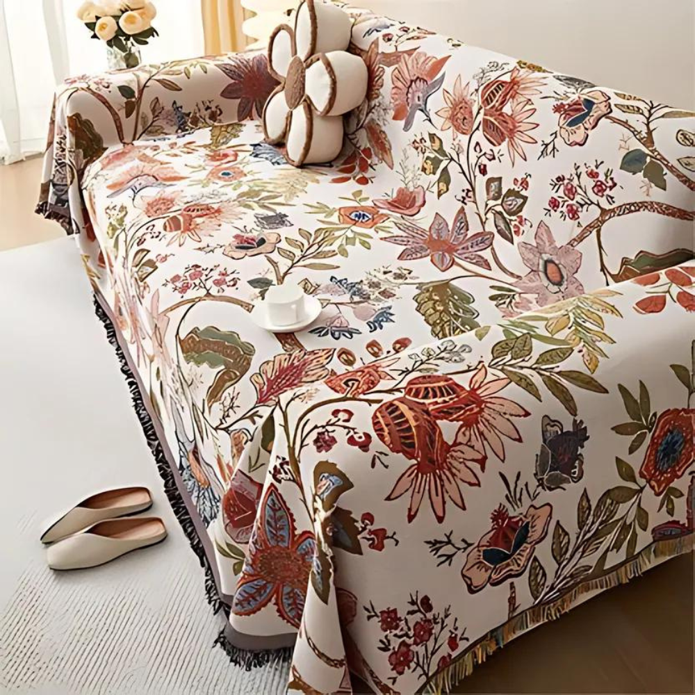 Floral Throw Blanket with Rustic Tassels – Soft Polyester and Cotton Blend