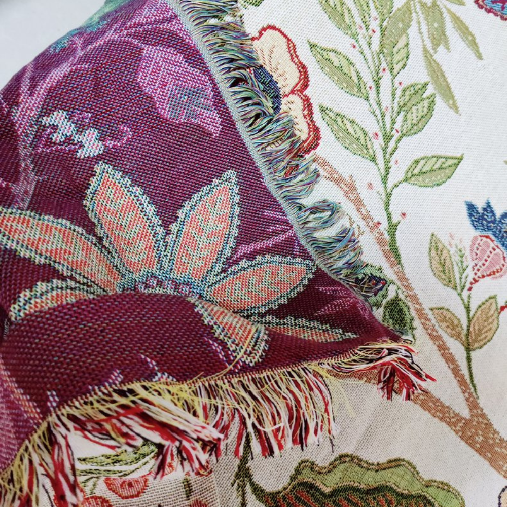 Floral Throw Blanket with Rustic Tassels – Soft Polyester and Cotton Blend