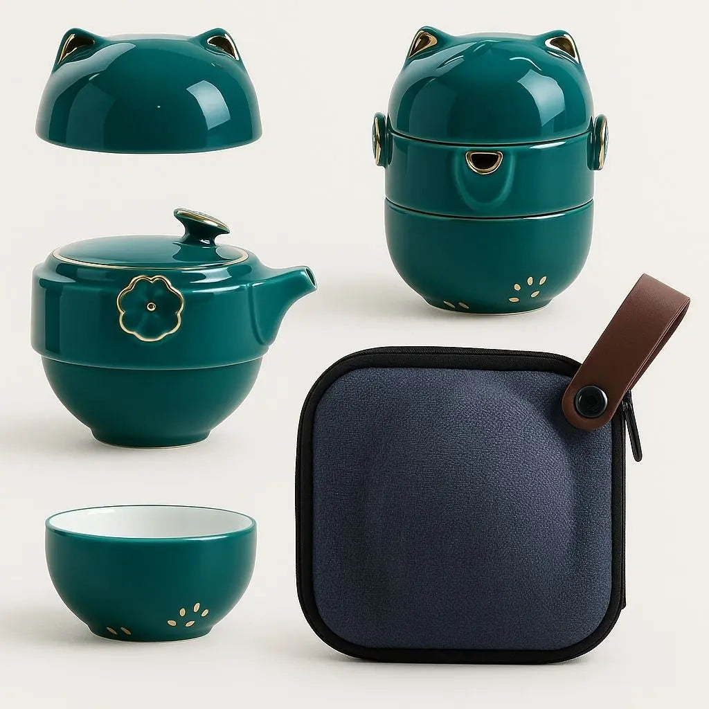 Charming Cat Travel Tea Set in Elegant Ceramic