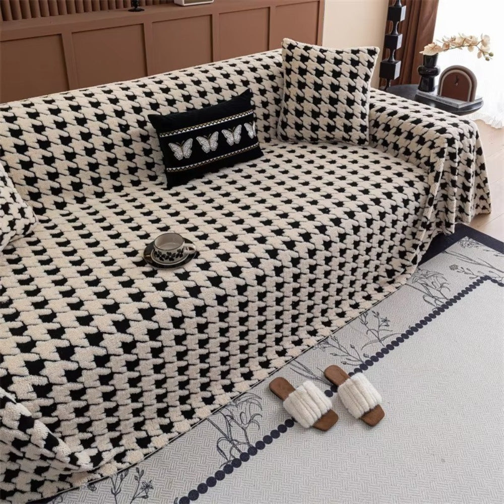 Plush Microfiber Sofa Cover in Classic Houndstooth Pattern