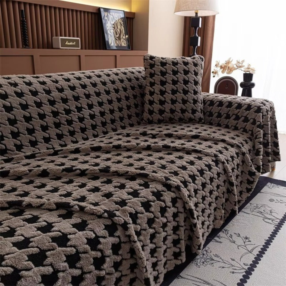 Plush Microfiber Sofa Cover in Classic Houndstooth Pattern