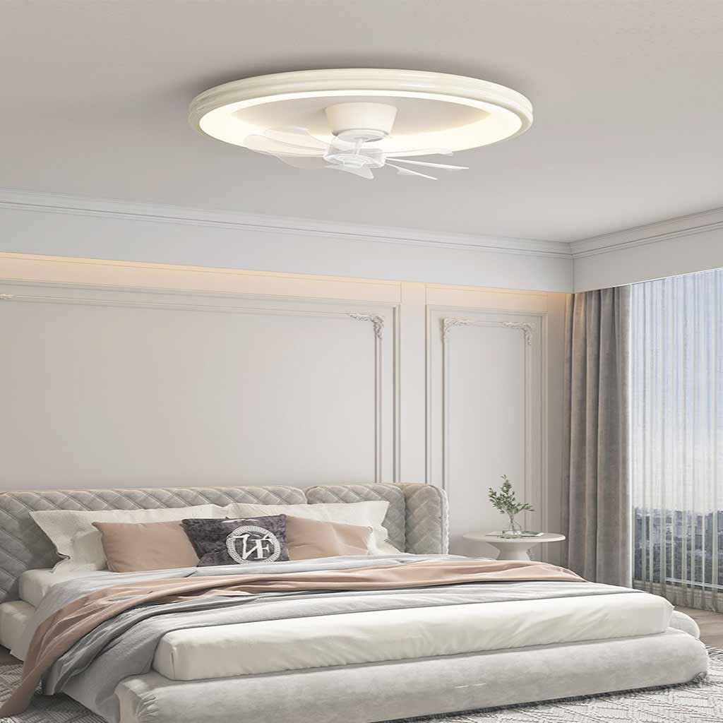 Ceiling Fan with LED Lighting and Round Frame for Flush Mount Installation