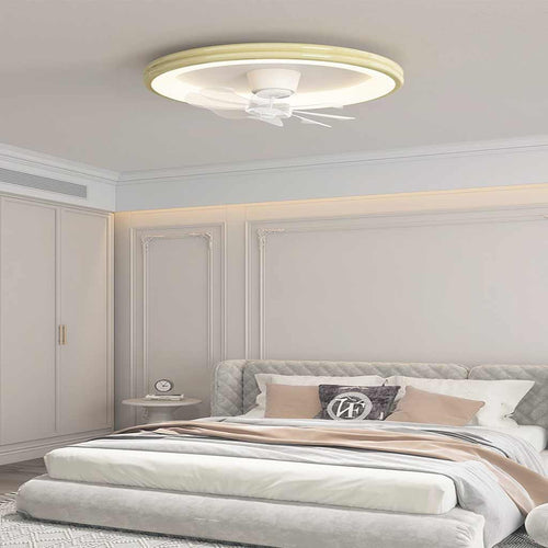Ceiling Fan with LED Lighting and Round Frame for Flush Mount Installation