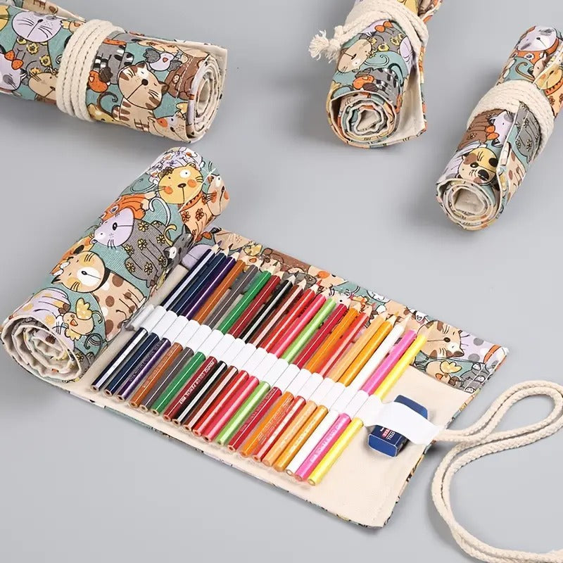 Whimsical Cat-Themed Canvas Pencil Organizer
