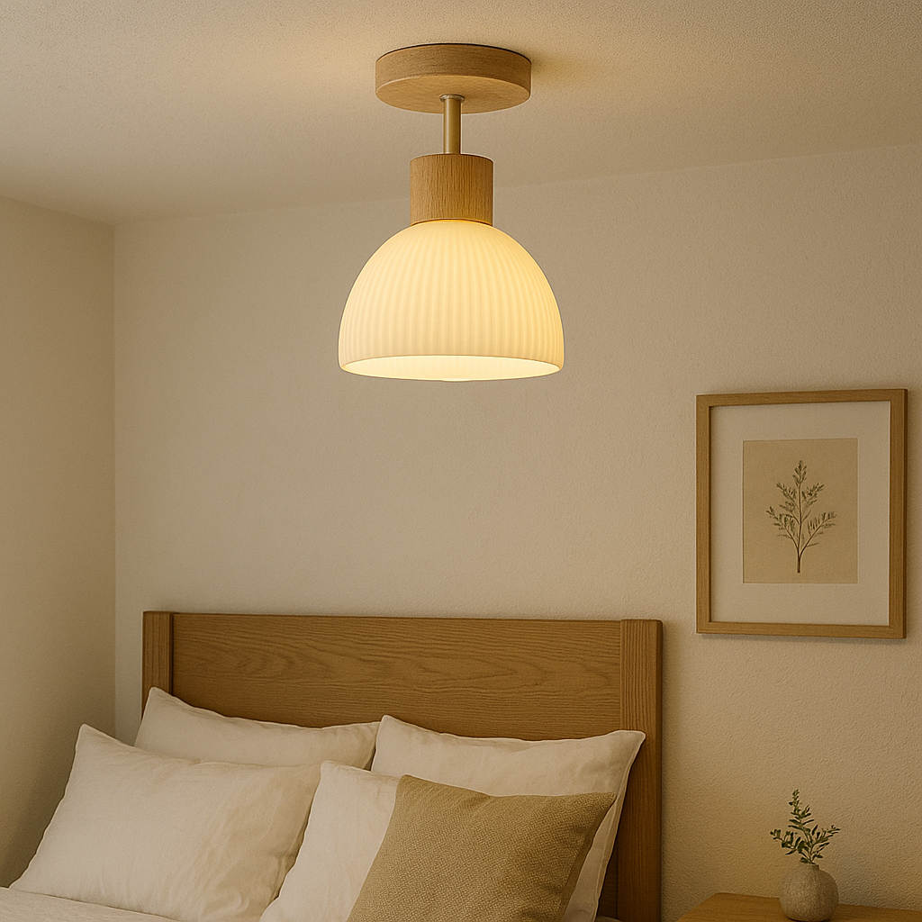 LED Ceiling Light Fixture with Natural Wood and Glass Design