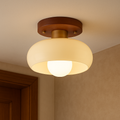 Flush Mount Ceiling Light with Wood and Cream Glass Design