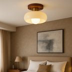 Flush Mount Ceiling Light with Wood and Cream Glass Design