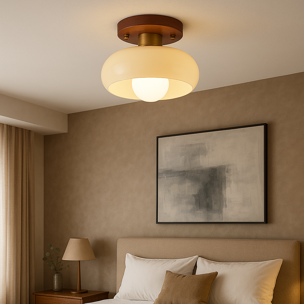 Flush Mount Ceiling Light with Wood and Cream Glass Design