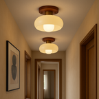 Flush Mount Ceiling Light with Wood and Cream Glass Design