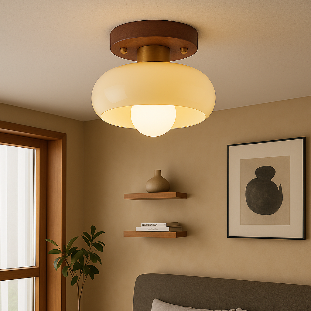 Flush Mount Ceiling Light with Wood and Cream Glass Design