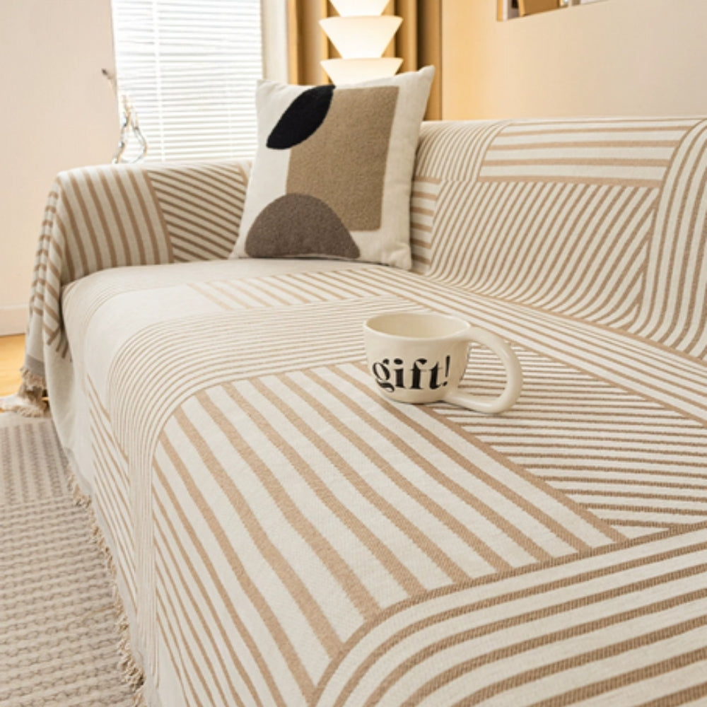 Striped Chenille Sofa Slipcover with Tassels – Non-Slip Design for Sectional