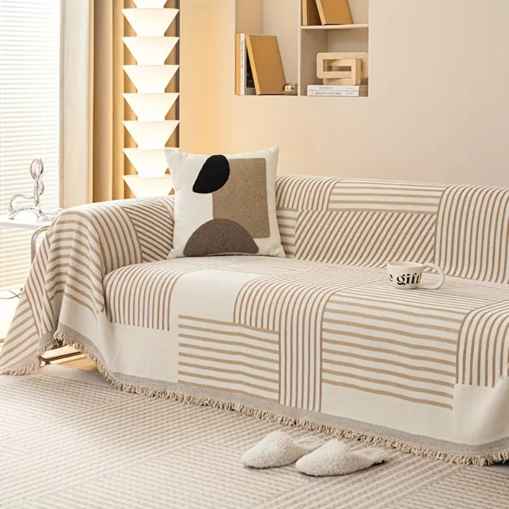Striped Chenille Sofa Slipcover with Tassels – Non-Slip Design for Sectional