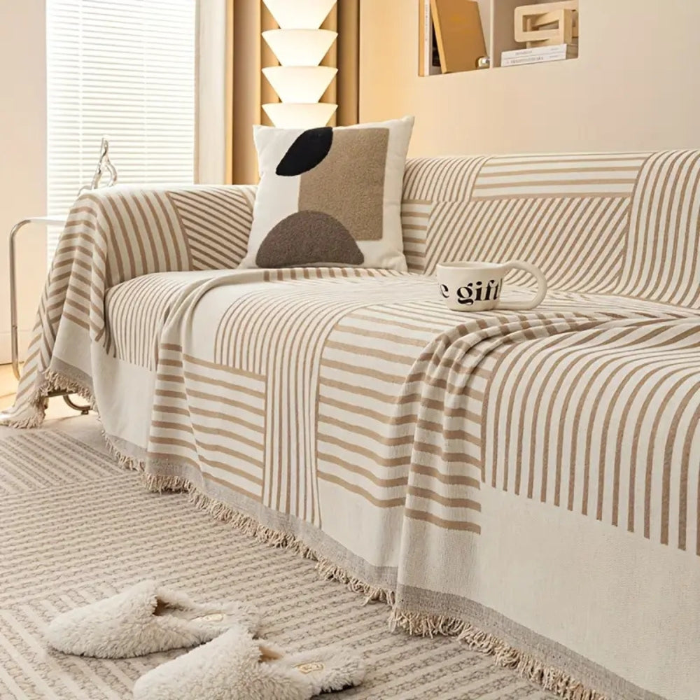 Striped Chenille Sofa Slipcover with Tassels – Non-Slip Design for Sectional