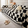 Tasseled Sofa Protector - Cotton and Microfiber Blend, Plaid Pattern