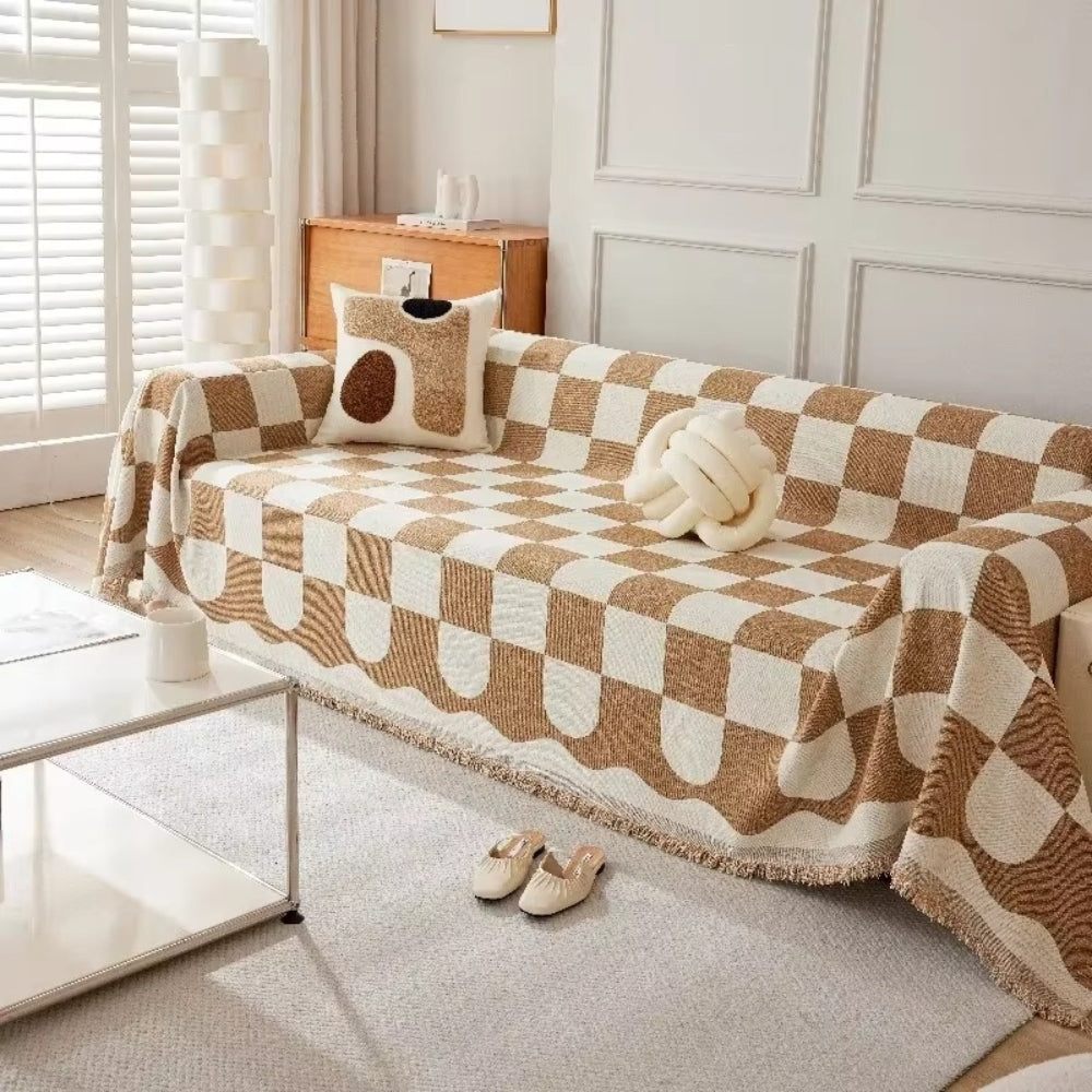 Tasseled Sofa Protector - Cotton and Microfiber Blend, Plaid Pattern