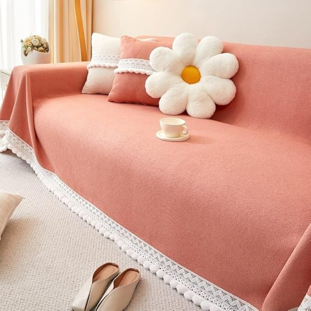 Chenille Sofa Protector with Lace Trim – Non-Slip Cover