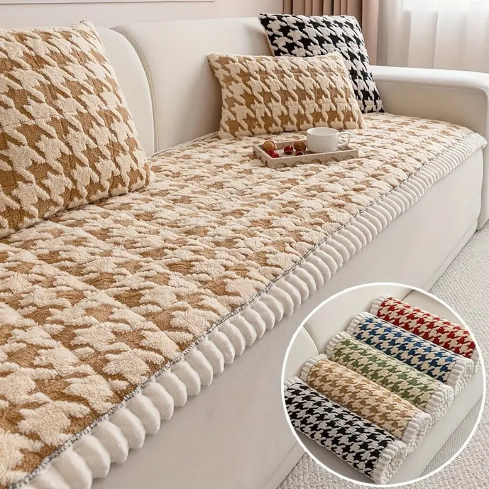 Plush Microfiber Houndstooth Sofa Slipcover with Ruffle Detail