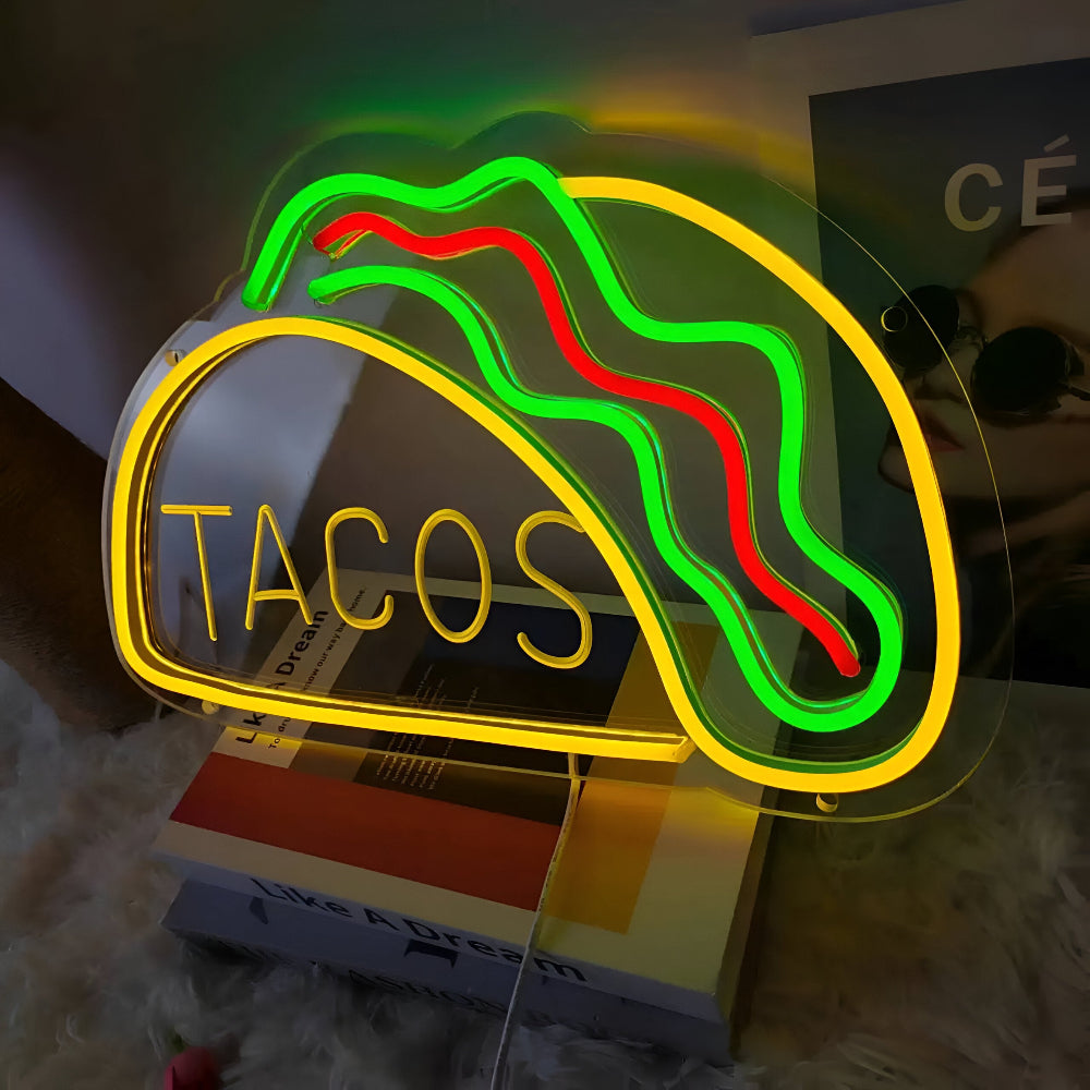 Neon LED Sign in Bright Colors – Taco, Hot Dog, Pizza, Burger for Dining