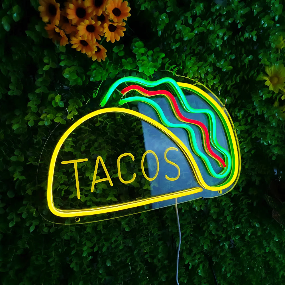 Neon LED Sign in Bright Colors – Taco, Hot Dog, Pizza, Burger for Dining