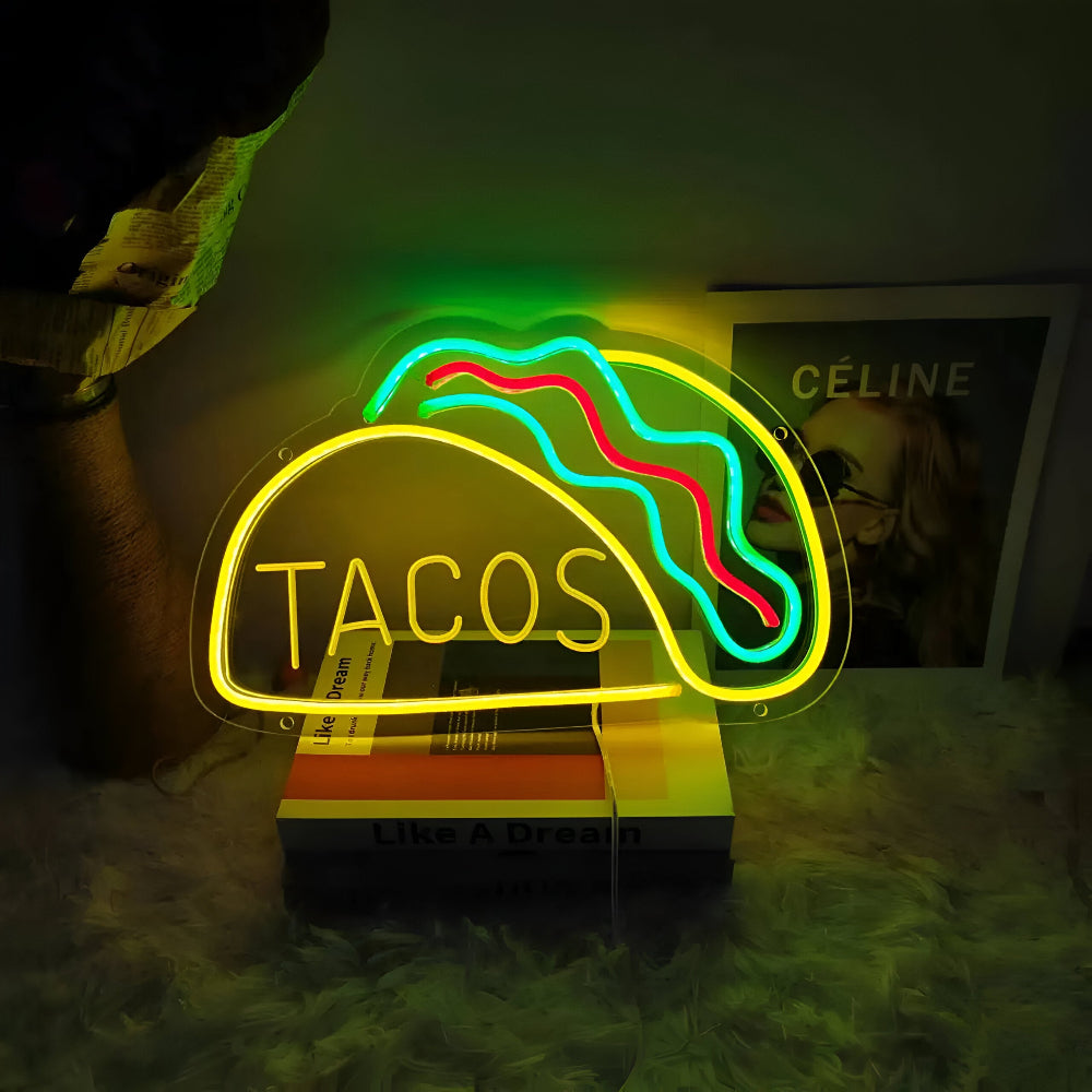 Neon LED Sign in Bright Colors – Taco, Hot Dog, Pizza, Burger for Dining