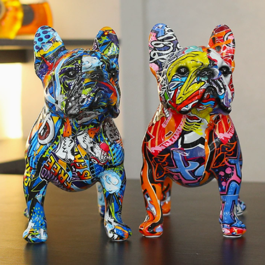 Vibrant French Bulldog Sculpture with Graffiti Design – Distinctive Home Accent