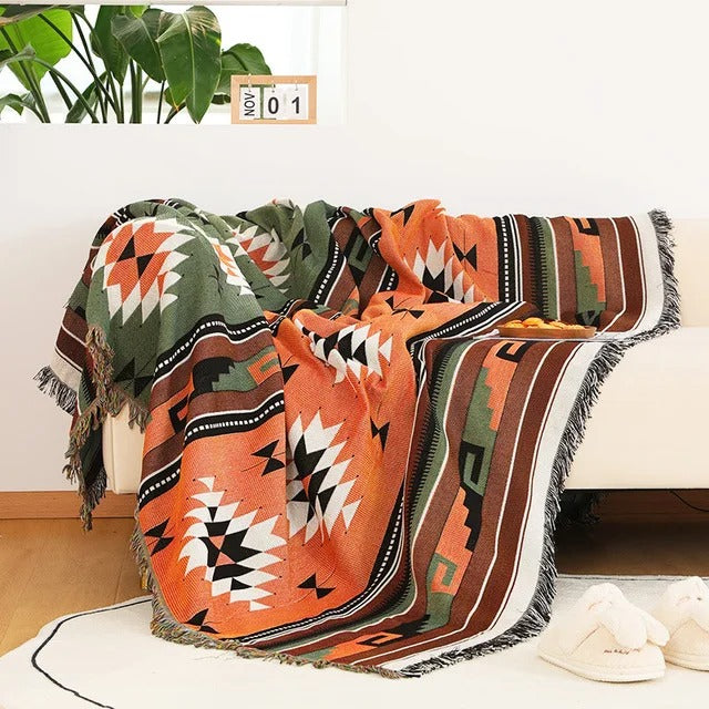 Cozy Plaid Throw Blanket with Colorful Jacquard Weave and Bohemian Fringe