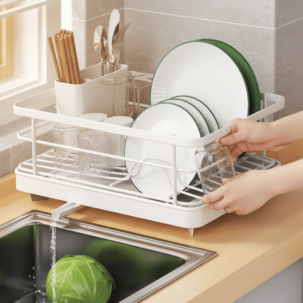 Compact Stainless Steel Dish Rack with Drainboard for Countertop