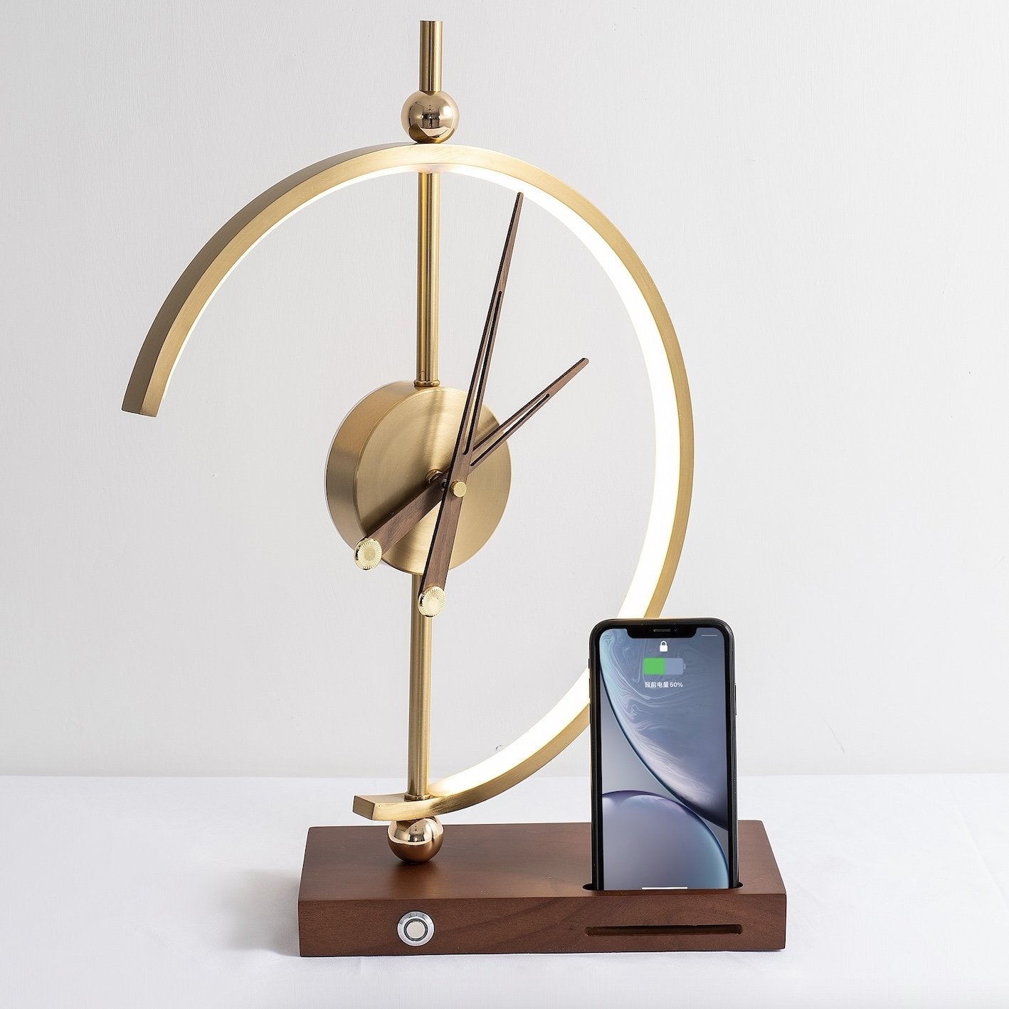 Wooden Base Table Lamp with Clock and LED Light