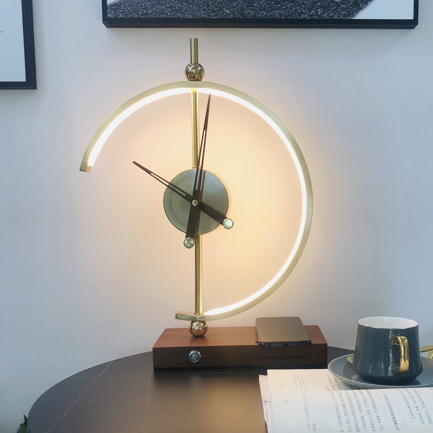 Wooden Base Table Lamp with Clock and LED Light