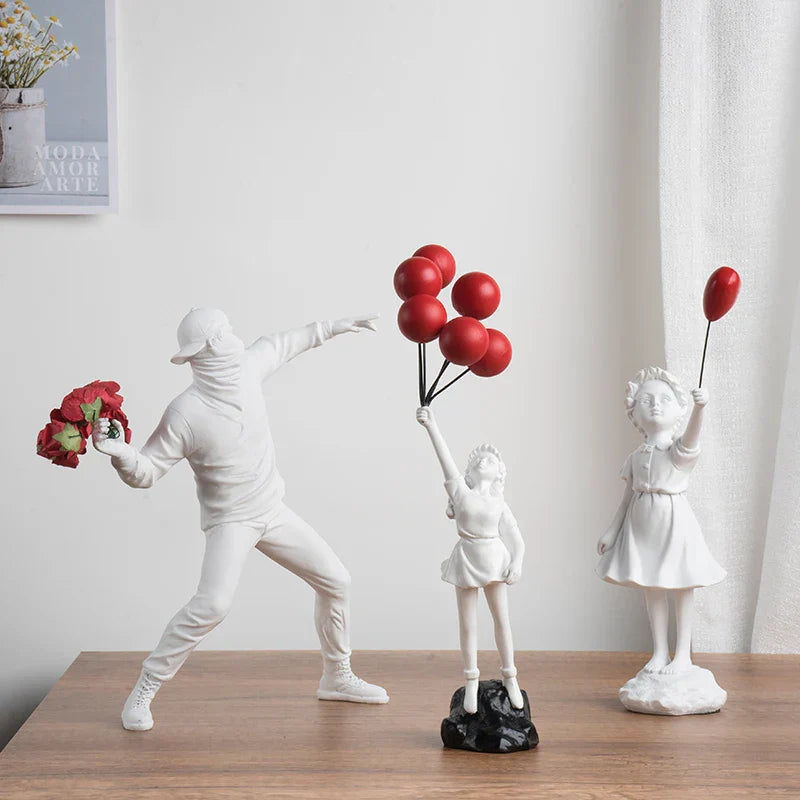 Modern Art Figurine | Flower Thrower Statue Inspired by Street Art for Home or Office Decoration
