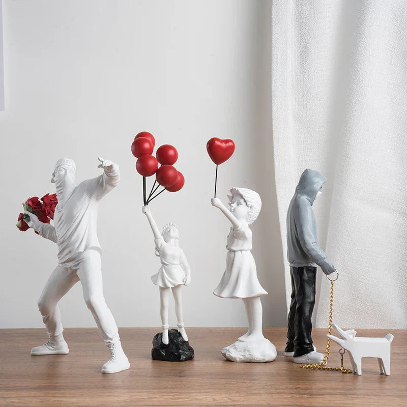 Modern Art Figurine | Flower Thrower Statue Inspired by Street Art for Home or Office Decoration
