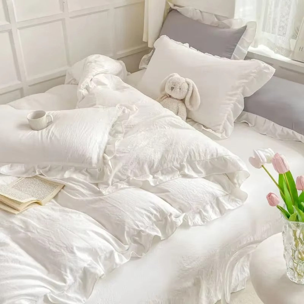 4-Piece Cotton Bedding Set with Ruffles for Cottage Style