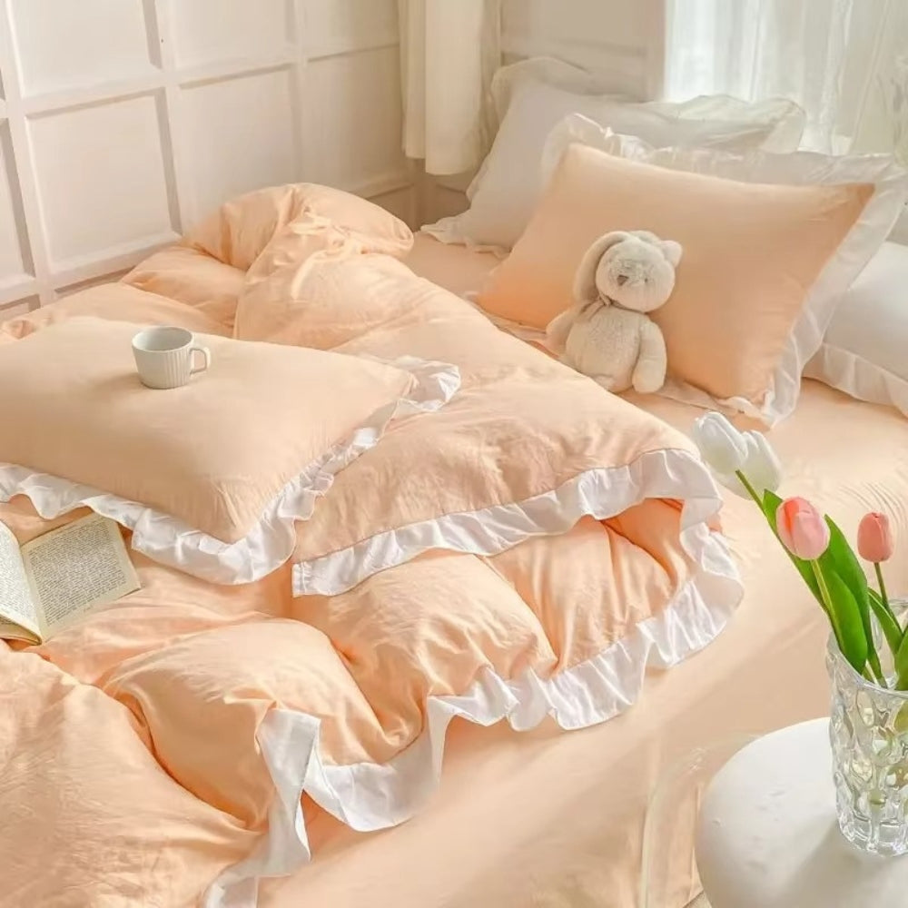 4-Piece Cotton Bedding Set with Ruffles for Cottage Style