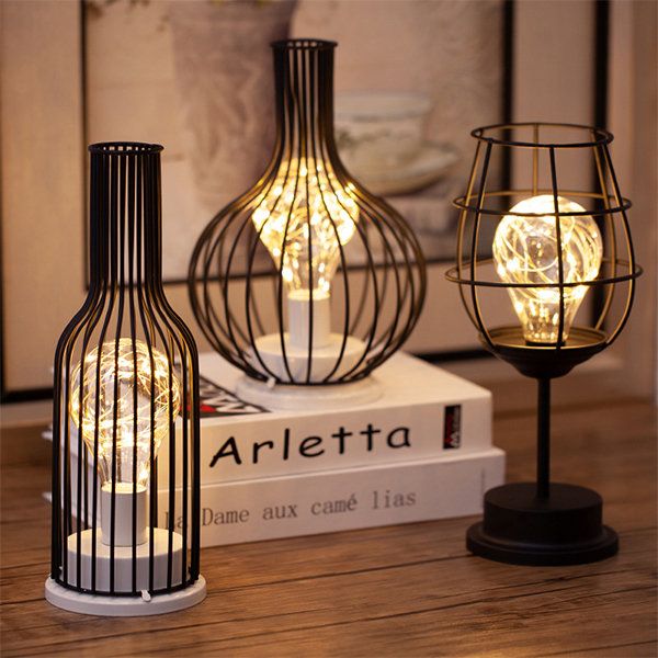 Black Metal Cage Shade Wireless Table Lamps