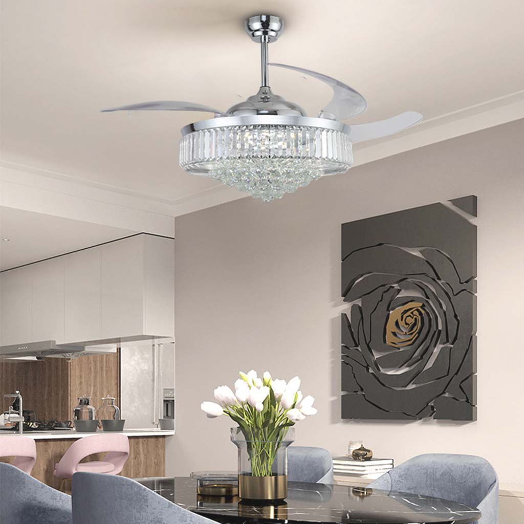 Ceiling Fan Light in Chrome Finish with Crystal Shade and Transparent Blades