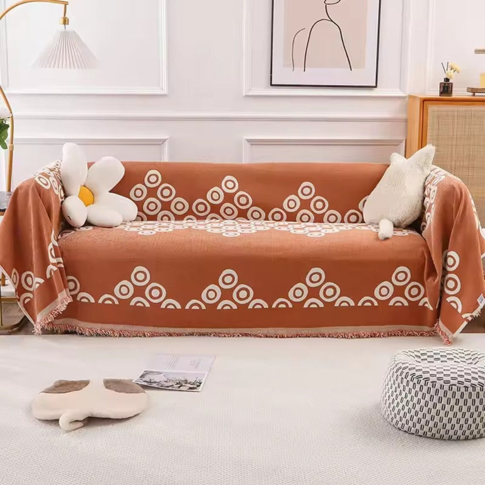 Soft Chenille Sofa Cover in Modern Eye Pattern with Tassel Edging