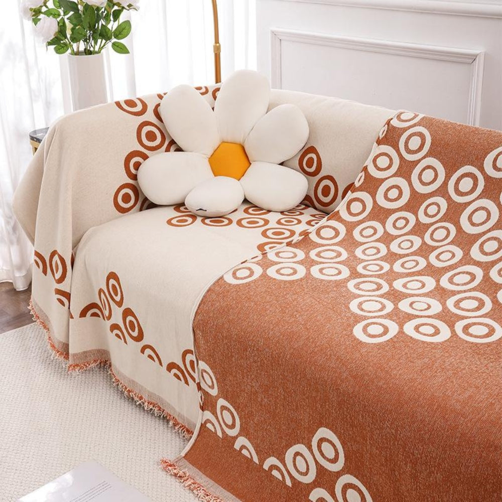 Soft Chenille Sofa Cover in Modern Eye Pattern with Tassel Edging