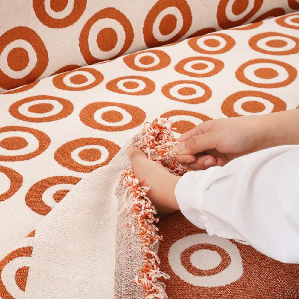 Soft Chenille Sofa Cover in Modern Eye Pattern with Tassel Edging