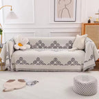 Soft Chenille Sofa Cover in Modern Eye Pattern with Tassel Edging