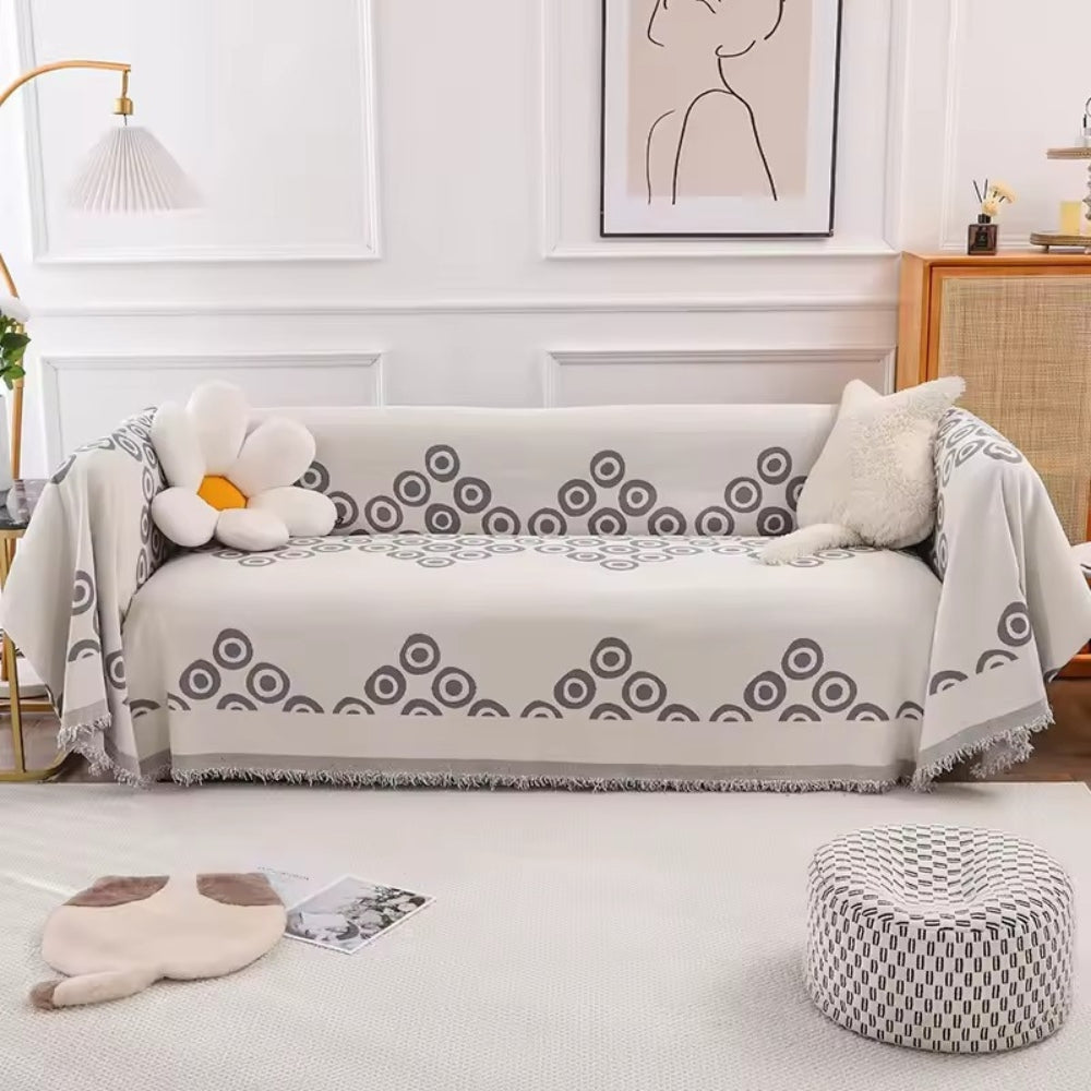 Soft Chenille Sofa Cover in Modern Eye Pattern with Tassel Edging