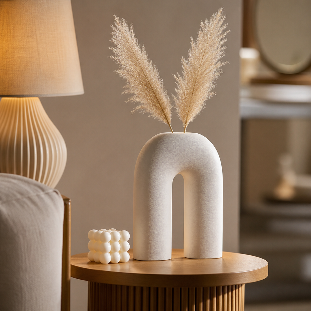 Curved Design Ceramic Vase in Beige Color