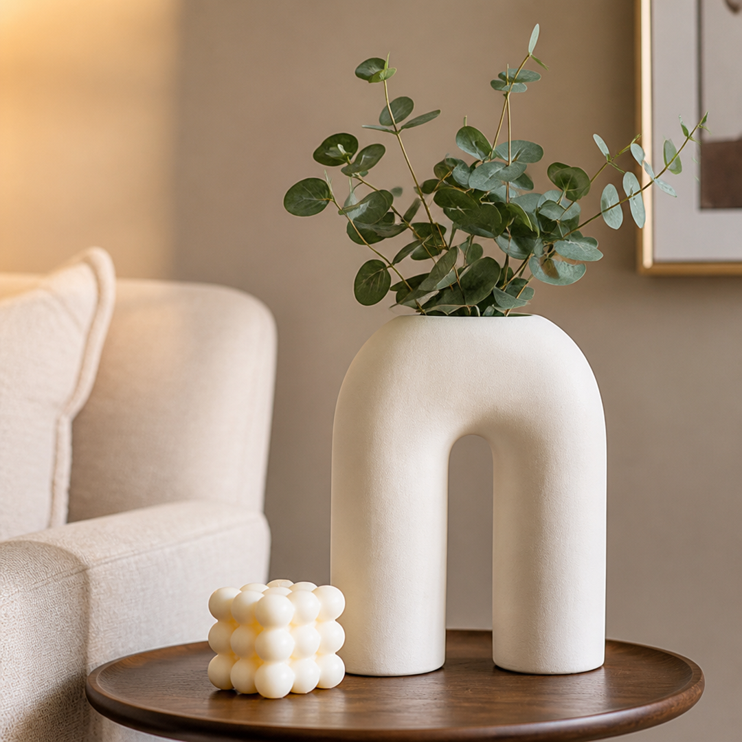 Curved Design Ceramic Vase in Beige Color