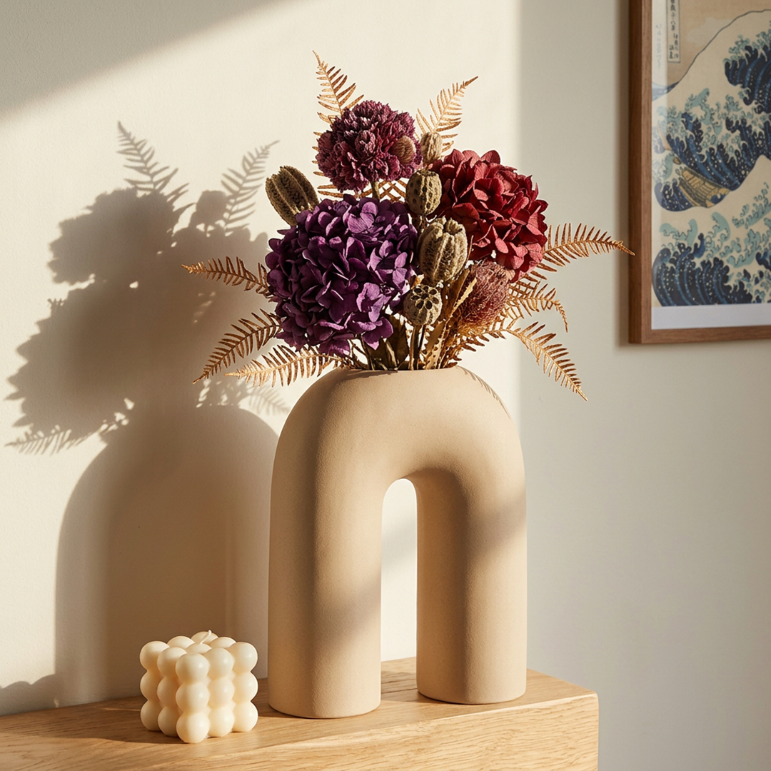 Curved Design Ceramic Vase in Beige Color