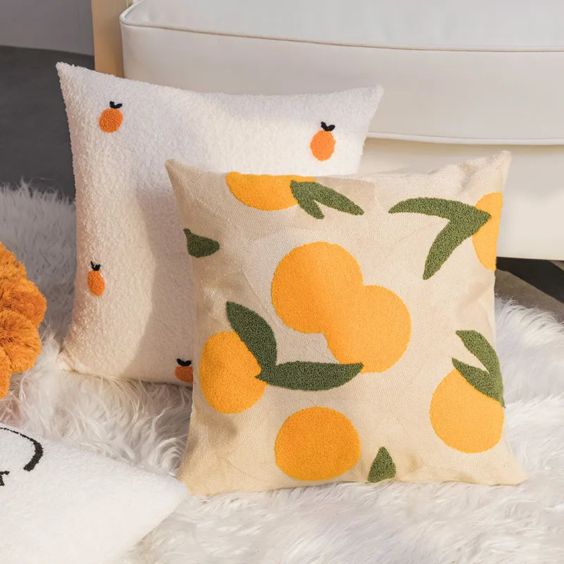 Soft Cotton Cushion Cover with Daidai Orange Embroidery – 17.72 x 17.72 Inch, Country Style Decor