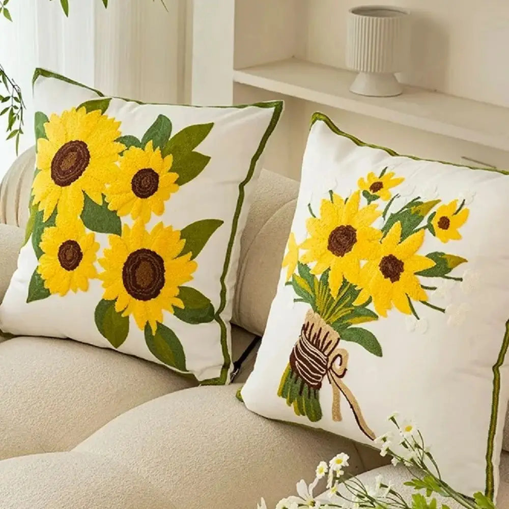 Embroidered Sunflower Cushion in Cream – 17.72 x 17.72 Inches