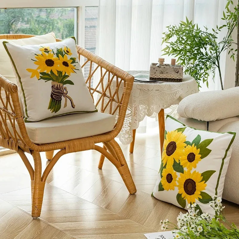 Embroidered Sunflower Cushion in Cream – 17.72 x 17.72 Inches