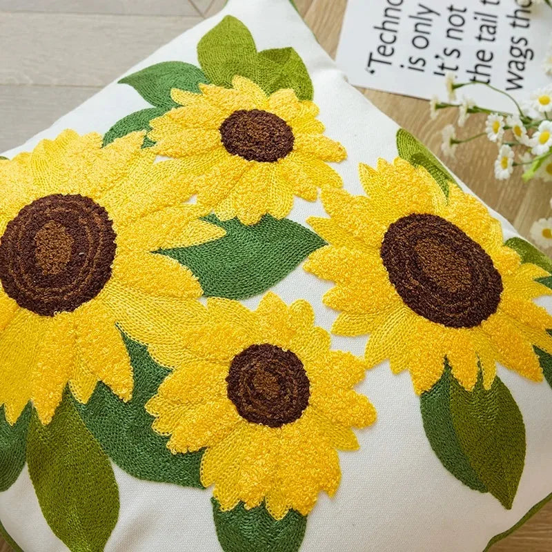 Embroidered Sunflower Cushion in Cream – 17.72 x 17.72 Inches