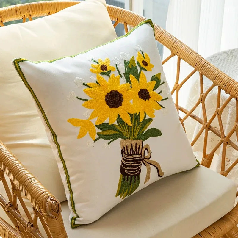 Embroidered Sunflower Cushion in Cream – 17.72 x 17.72 Inches